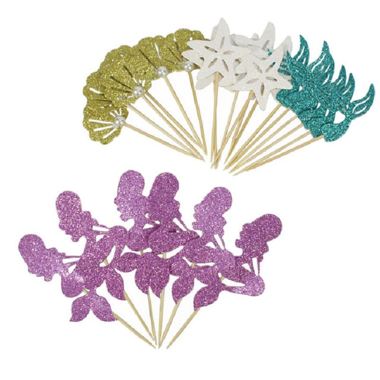Glitter cupcake toppers set with gold fan and teal mermaid, plus purple mermaid silhouettes
