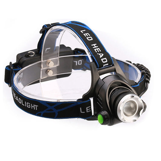 Blue and black LED headlamp with adjustable strap and front spotlight lens