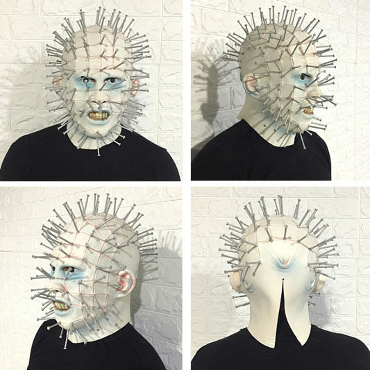 Spiked horror clown mask, pale fabric with blue eyes, shown from front and side for cosplay