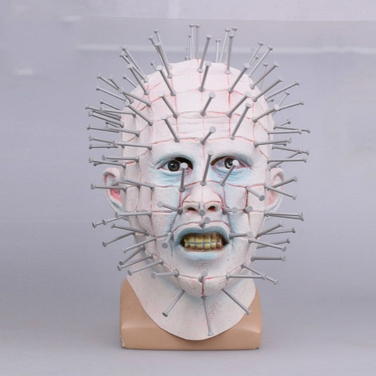 Spiked horror clown mask, pale fabric with blue eyes and yellow teeth, adult cosplay headpiece