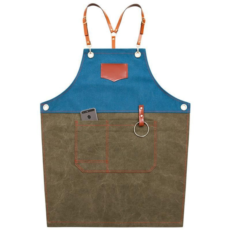 Two-tone denim apron with blue top and brown body, front pocket, adjustable leather straps