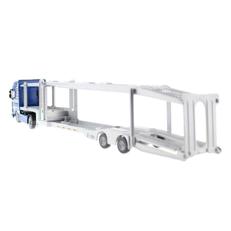 Blue diecast double-deck car transporter truck with empty white deck trailer
