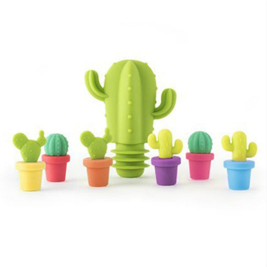 Cactus silicone wine bottle stopper and glass charm set with colorful pot markers