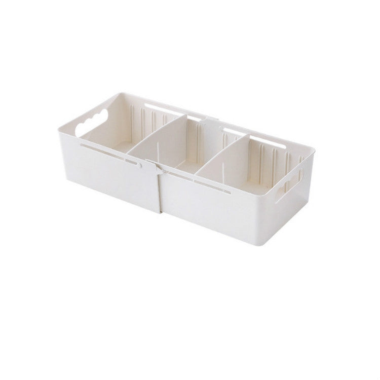 Three-compartment socks storage box with adjustable dividers, white plastic
