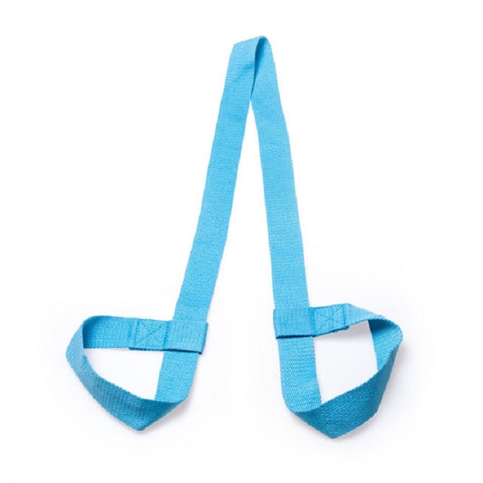 Sky blue yoga mat strap with two loop ends, purple binding at the top