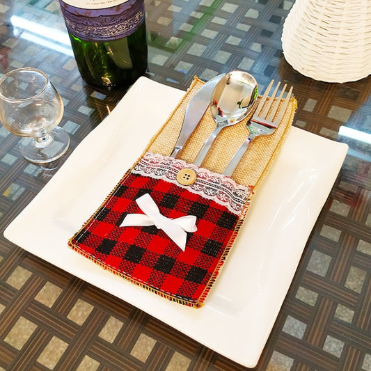 Christmas buffalo-check knife and fork decoration set with bowknot pouch