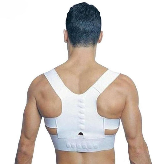 White posture corrector shoulder brace with back straps and adjustable front band