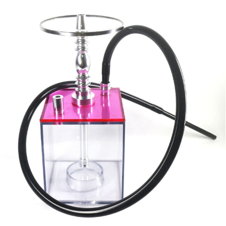 Square acrylic hookah set with black bowl, clear cube base, pink stem parts, and hose