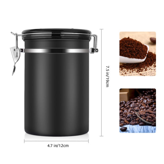 Black stainless steel coffee storage canister with clamp lid and size measurement