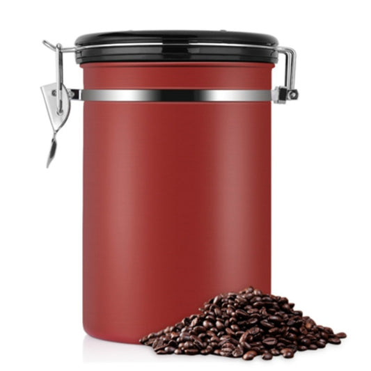 Red stainless steel coffee storage canister with black clamp lid and side latch