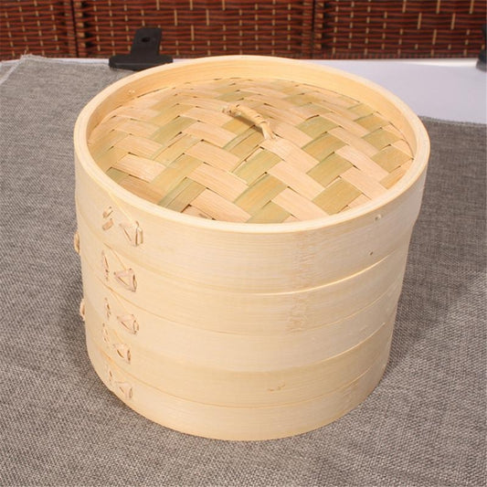 Round bamboo steamer with woven basket top and matching bamboo lid