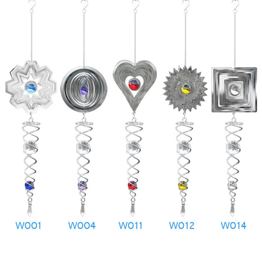Set of metal wind chimes: star, coil, heart, sunburst, and square frames