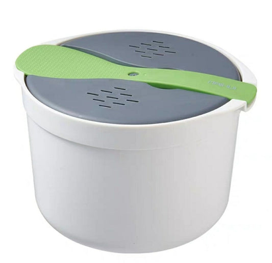White rice steamer pot with forest green vented lid and side carrying handle