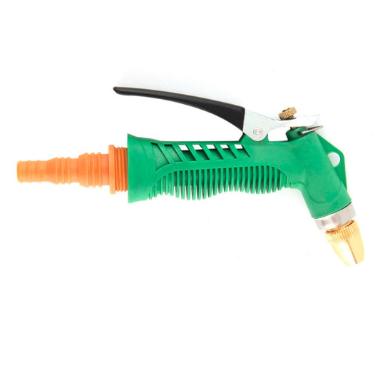Adjustable garden spray gun with green body, orange connector, and black trigger handle