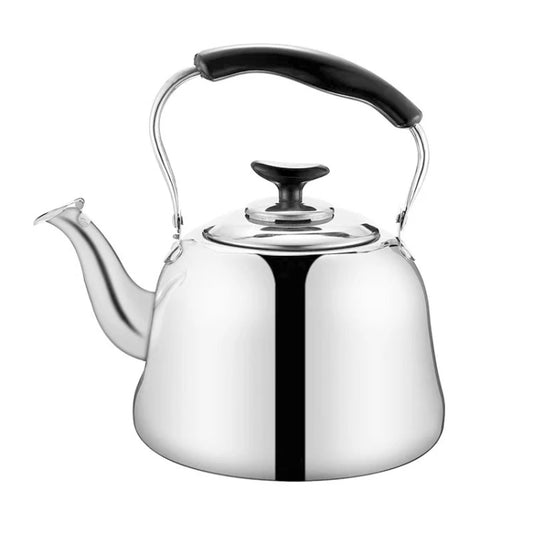 Stainless steel whistle kettle with black lid knob, arched handle, and curved spout