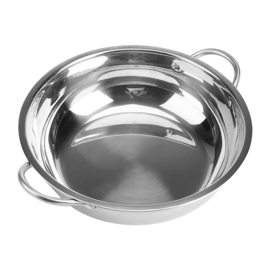 Stainless steel soup pot with two loop handles, reflective interior, wide rim