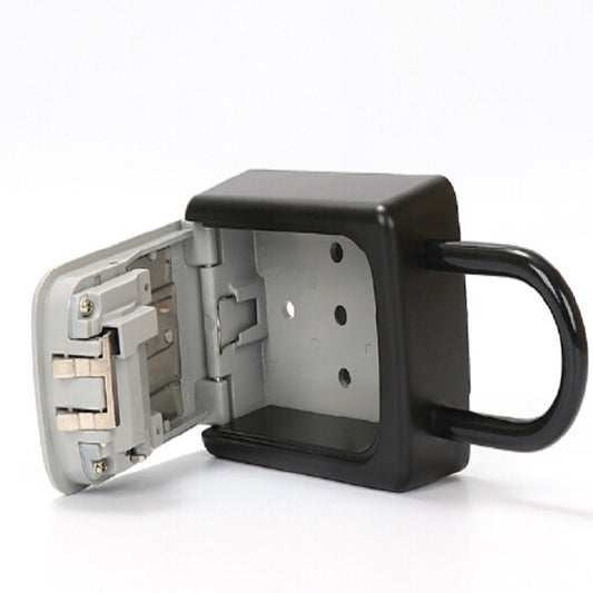 Combination key lock box open side view, showing keypad and key storage tray.