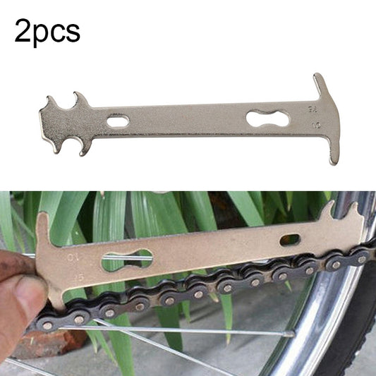 Metal bicycle chain wear gauge tool, 2-piece set, with measurement markings and two slots