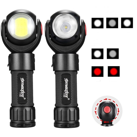Two front views of black COB LED work light head with yellow and white LEDs