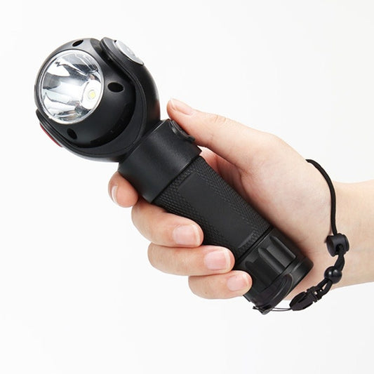 Handheld black COB LED work light with rotating head and wrist lanyard