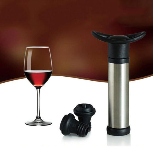 Stainless steel wine vacuum pump with black handle and two black stoppers