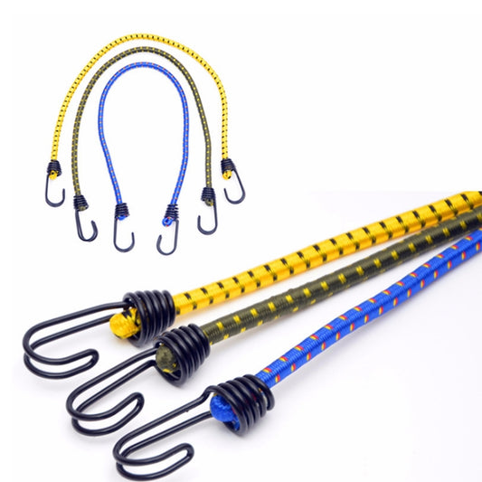 Elastic camping rope set with yellow lines, blue accents, and metal hooks