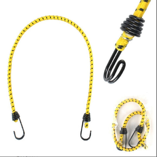 Elastic yellow bundling rope with black coil sleeves and metal hooks