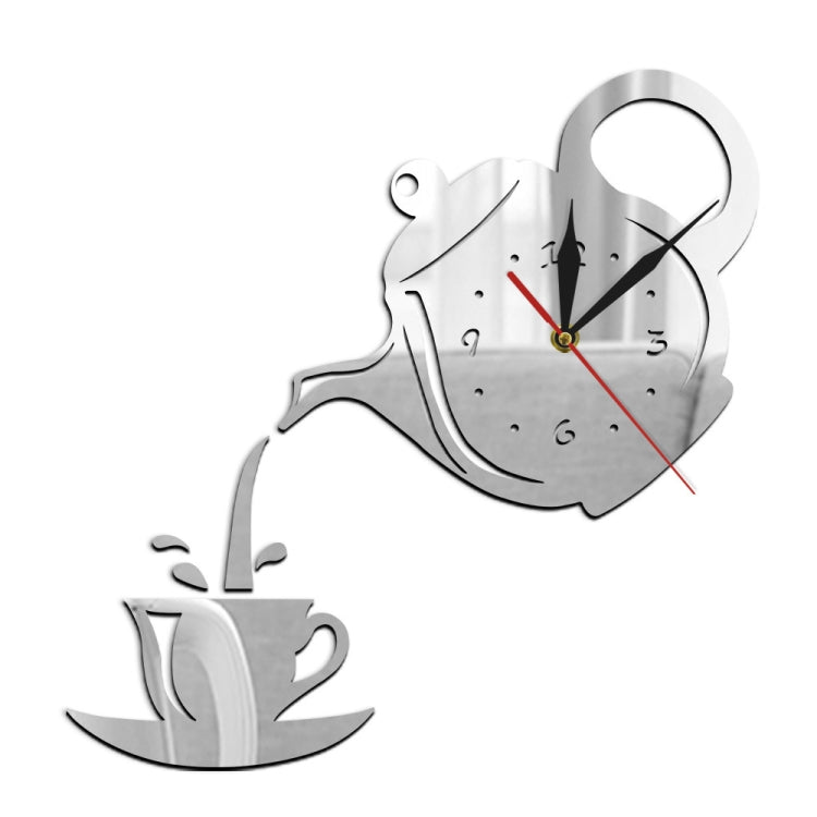 Silver teapot-shaped acrylic wall clock with cup decal, dot markers, red hands