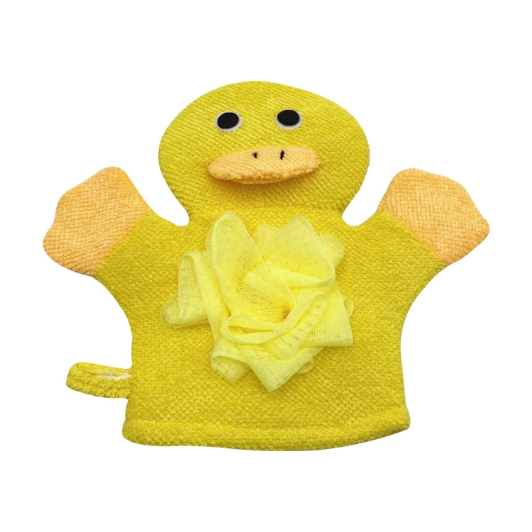 Yellow duck-shaped terry cloth bath glove with double-sided towel surface