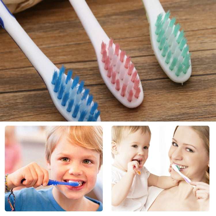 Three children's toothbrushes with colorful bristles on wood; brushing scenes shown.
