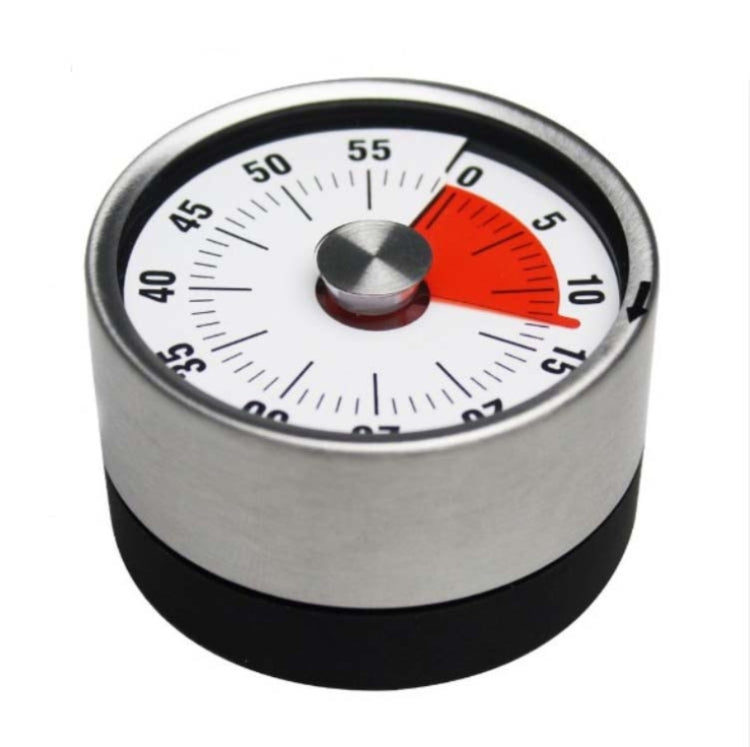 Stainless steel and black kitchen countdown timer with 0–55 minute dial and metal knob