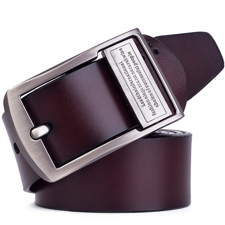 Men's brown leather belt with brushed metal pin buckle and belt holes