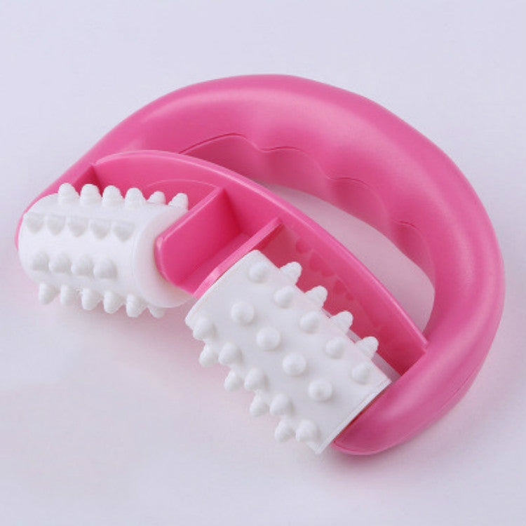 Pink manual plastic two-wheel massager with white spiked rollers