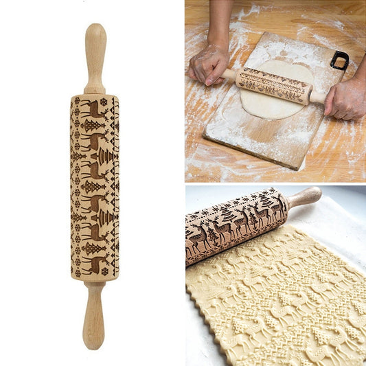 Christmas embossed rolling pin with reindeer and tree pattern on wooden handle