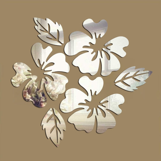 Silver 3D flower wall sticker set with leaf accents, mirrored-style wall decals