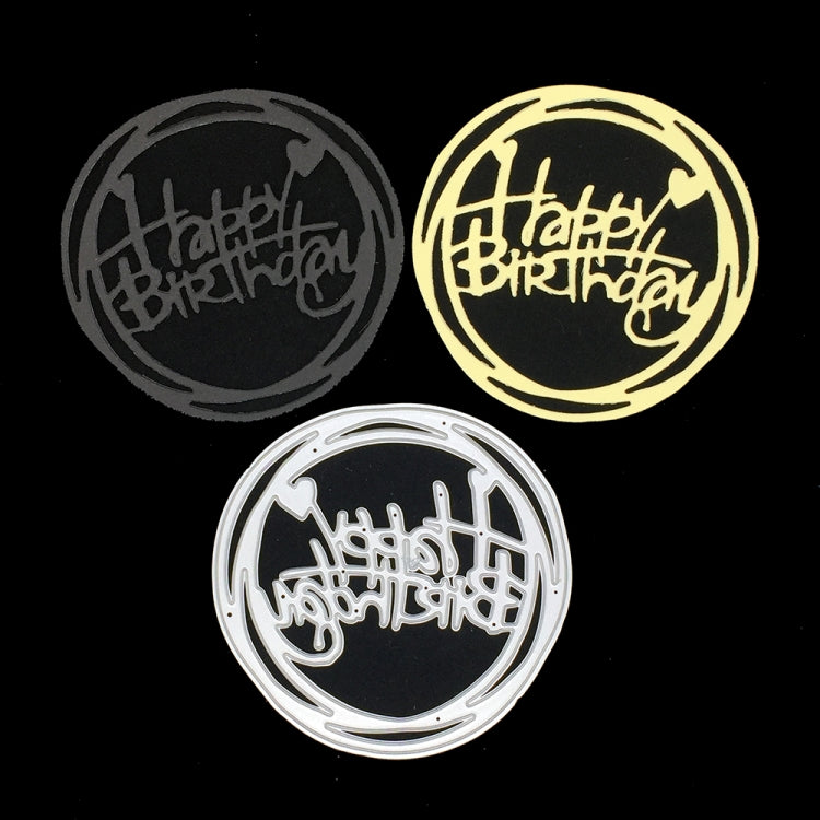 Set of three round Happy Birthday dies: silver, gold, and dark gray circles