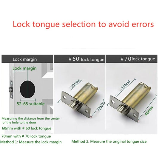 Door lock tongue selection chart showing 60mm and 70mm center distances