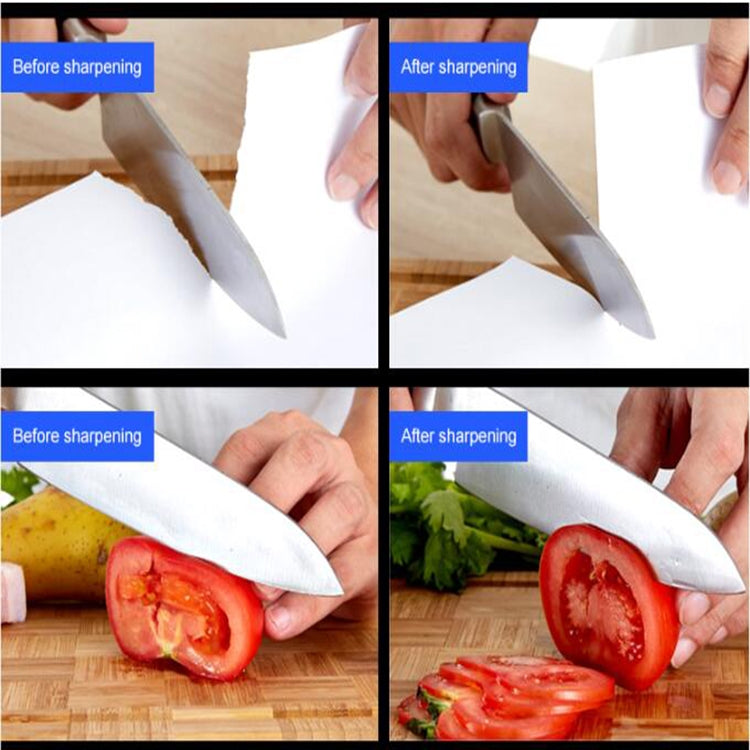 Knife sharpening on white stone before-and-after, with hand and food