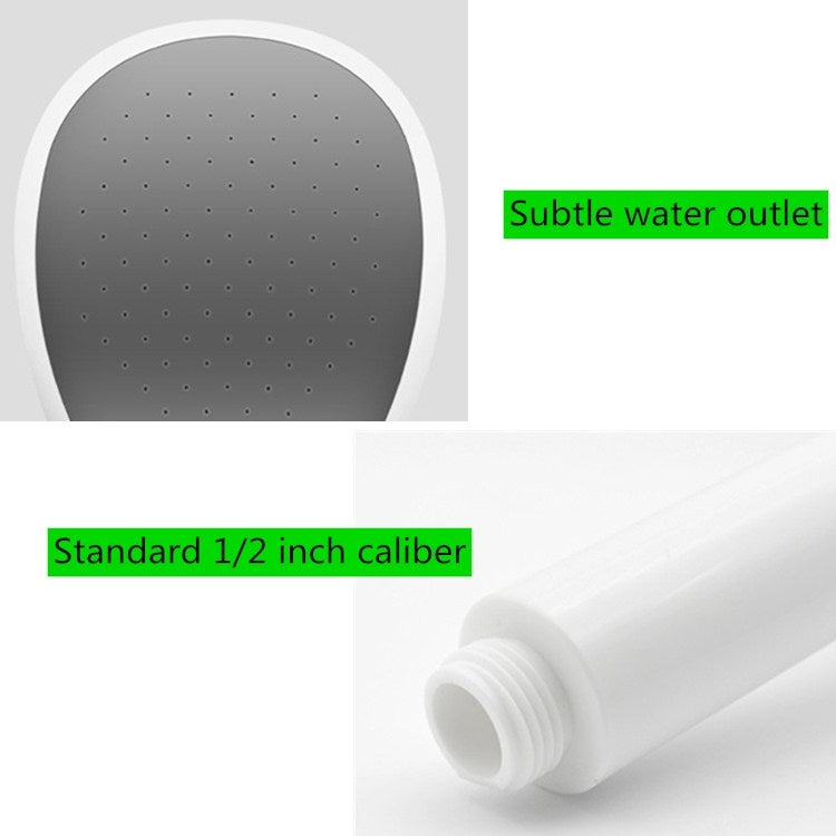 Close-up of white shower nozzle face with spray holes and threaded connection end.