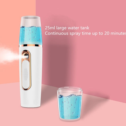 Compact moisturizing sprayer showing blue water tank and mist output