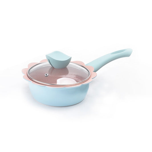 Blue nonstick milk pan with clear lid and light-blue silicone handles