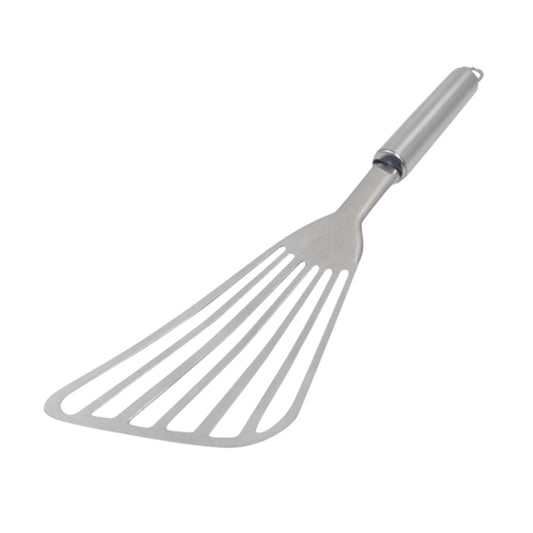 Stainless steel slotted fish spatula with angled perforated head and cylindrical handle