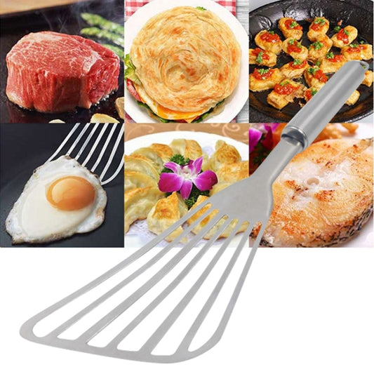 Stainless steel slotted fish spatula with long handle, angled head for lifting and turning