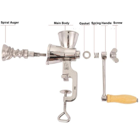 Stainless steel manual grinder parts layout: main body, handle, screw, spring