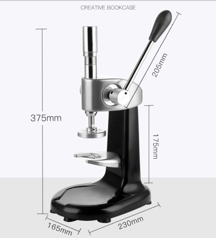 Coffee tamper press machine dimensions diagram with black base and stainless column