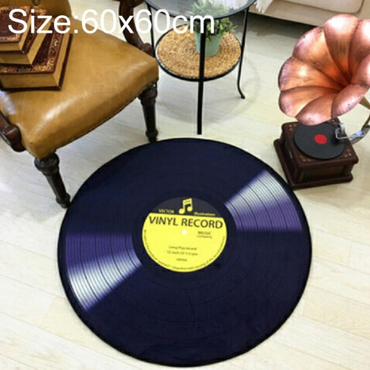 Round vinyl record-style floor mat, navy with yellow center label and silver grooves