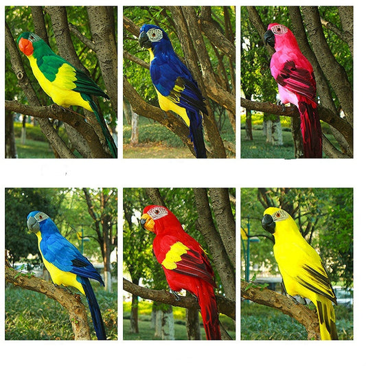 Colorful simulated parrot bird decorations in green, blue, and pink on tree branches