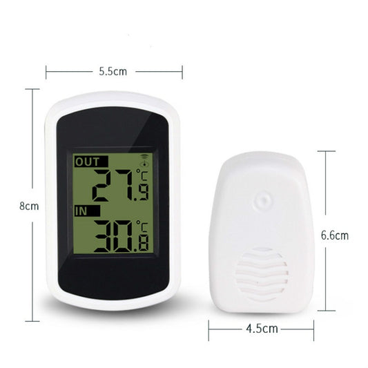 White wireless thermometer and receiver, showing green indoor/outdoor LCD readings