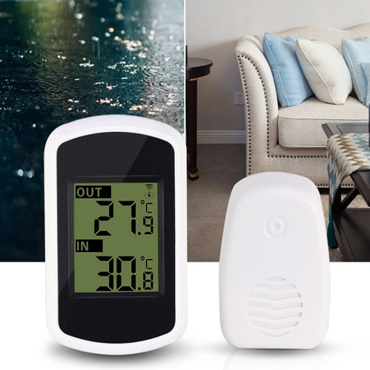 White wireless indoor/outdoor digital thermometer with green LCD display