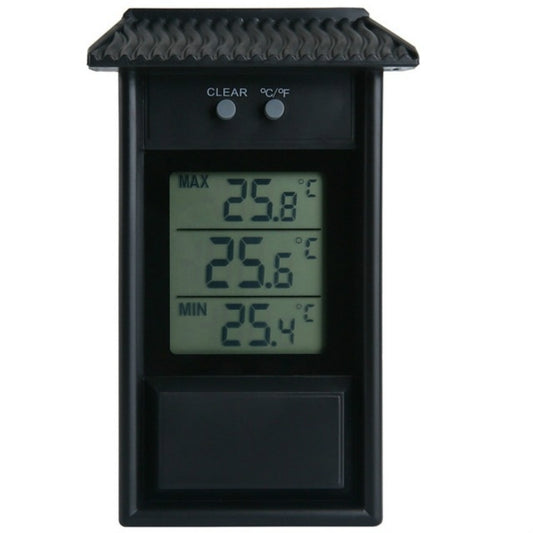 Outdoor garden refrigerator waterproof thermometer, black front with MAX/MIN digital display